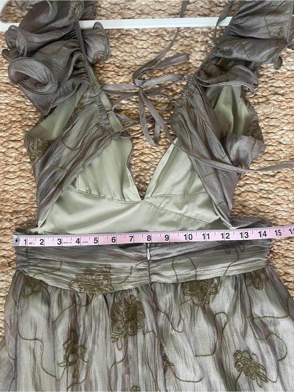 Storia Backless Corset Ruffled Maxi Dress in Olive-Taupe-Gold Wedding Guest READ - Picture 8 of 13